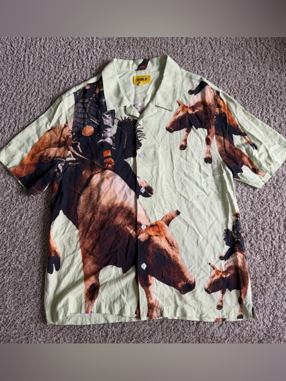 GOLF WANG Rodeo Bull Rayon Short Sleeve Button Up Shirt